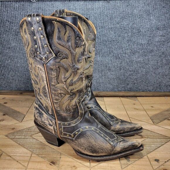 Stetson Shoes - Stetson Women's 8.5 Black Brown Leather Studded Distressed Western Boots